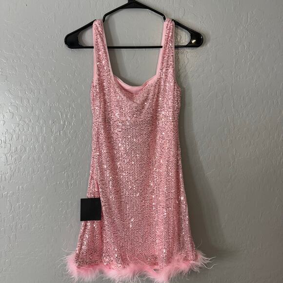 Popular Invite Pink Sequin Mesh Feather Mini Dress, XS 2209336 - Picture 2 of 8
